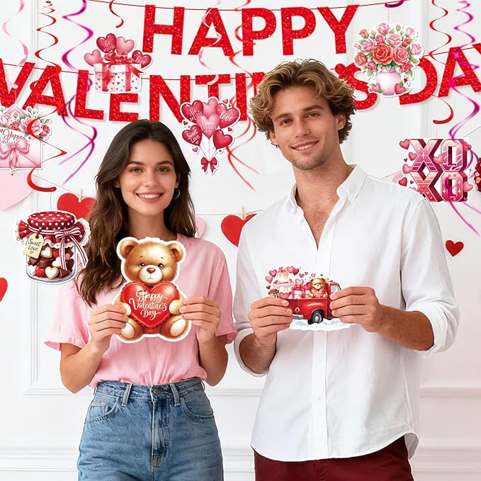Valentines Day Decorations Set - Heartwarming Valentine's Day Banner & Hanging Swirls for Home, Office, Classroom Indoor, Anniversary & Valentine's Day Party Supplies