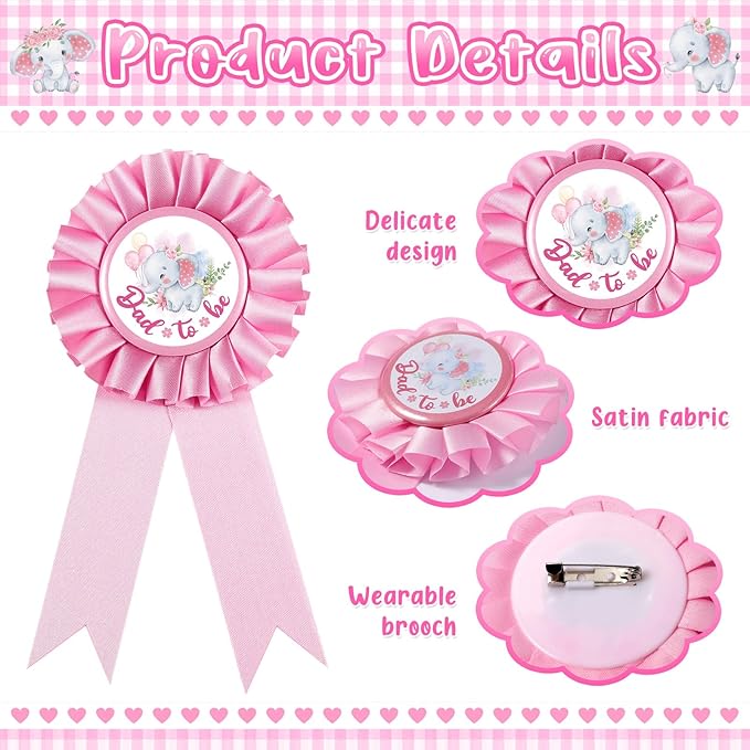 Chunful Elephant Theme Baby Shower Sash Mom to Be Sash and Dad to Be Pin Flower Crown for Gender Reveals Party Baby Shower Party Favors Decorations for Boys and Girls Pregnancy Props Gift (Pink)