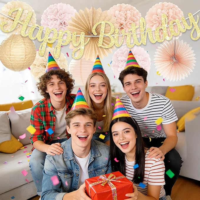 Birthday Decorations for Women, Boho Champagne-Beige 11pcs Balloon Garland, Happy Birthday Banner, Peach Paper Lanterns & Tissue Pom Poms– decoración de cumpleaños para mujer
