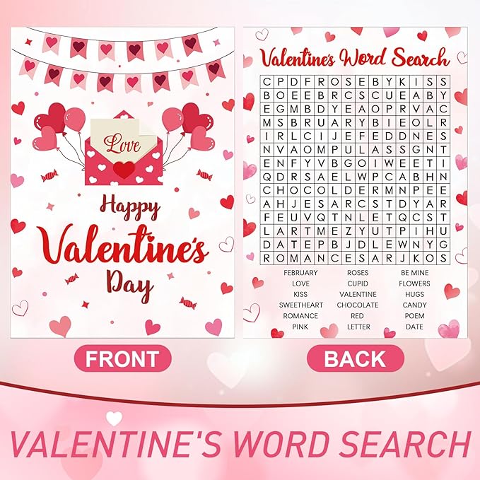 30 Players Valentine's Party Games for Adults Family Office Large Groups, Valentine Parties Word Search Game Card with Answer Key, Valentines Day Classroom Activities Party Favor (Valentines Search)