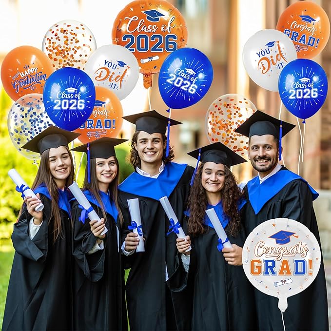 Blue and Orange Graduation Balloons Graduation Decorations 2026, 51Pcs Grad Latex Balloons and Grad Foil Balloon with Confetti Ribbons Grad Party Decorations for College High School