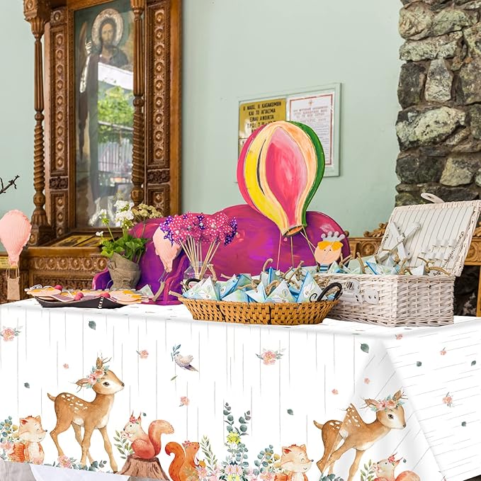 3 Pieces Woodland Tablecloths Baby Shower Decorations for Girl Floral Woodland Creatures Plastic Table Covers Forest Wild Creatures Animal Friends Table Decoration for Birthday Party Supplies