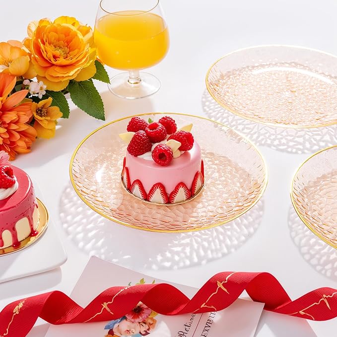 Rubtlamp 175 Pcs Plastic Dinnerware Set (25 Guests), Orange And Gold Plastic Plates, Hammered Party Plates Set Include Dinner Plates, Dessert Plates, Cups&Cutlery Set And Napkins for Wedding And Party