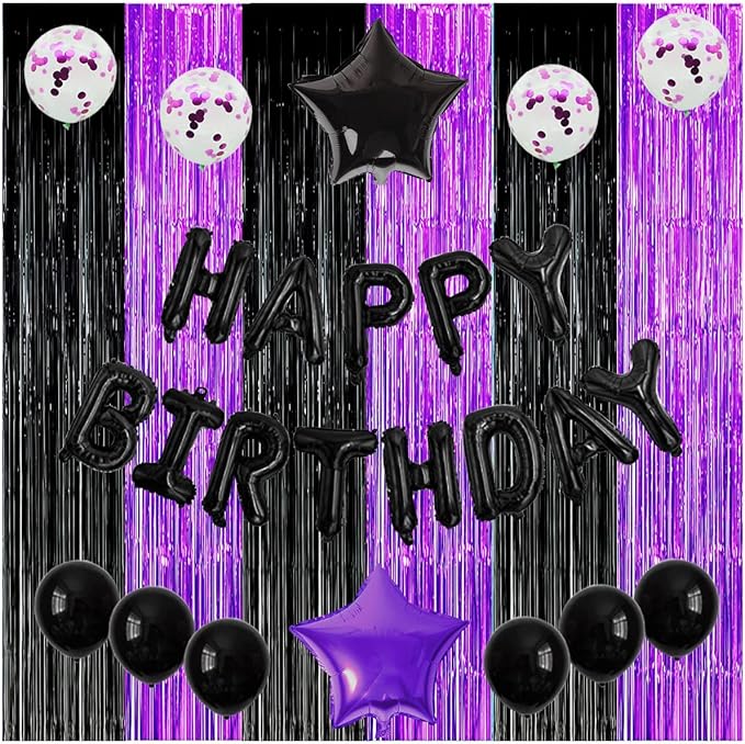 Graduation Decorations 2026 Purple Black Foil Fringe Backdrops, Black Purple Party Decorations Streamer Tinsel Curtains for Graduation Birthday Halloween Party(3 Pack)