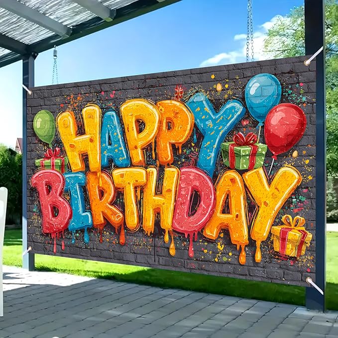 Nuxovilar Happy Birthday Yard Banner - 71x43 inches, Graffiti-Inspired Design Decorations Large Happy Birthday Banner Outdoor & Indoor Backdrop