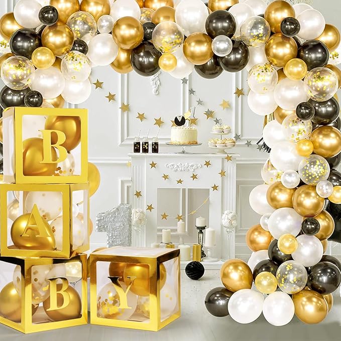 Baby Boxes with Letters for Baby Shower, 4 Transparent Balloon Boxes with Letters for Gender Reveal Birthday Wedding Baby Shower Decorations (Gold)