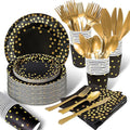 AIRE 175PCS Black and Gold Paper Plates Party Supplies for 25 Guests Disposable Party Decorations Dinnerware Golden Dot Black Paper Plates Napkins Cups Gold Plastic Forks Knives Spoons for Parties