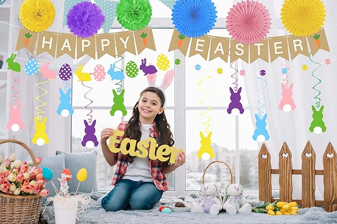 Easter Party Decorations Set for Home: Happy Easter Banner Bunny Hanging Swirls Yellow Purple Green Pom Pom Ornaments Spring Decor for Indoor Birthday Party Supplies