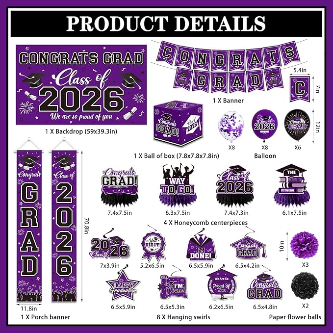 Graduation Decorations 2026 Purple Party Decor Set with Congrats Grad Banner, Class of 2026 Backdrop, Balloons, Box & Streamers Supplies for High School & College Celebrations