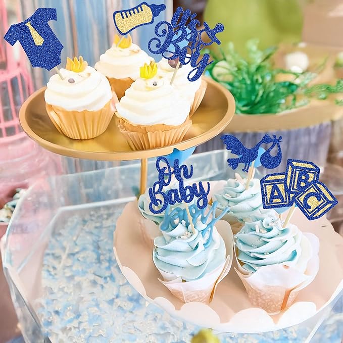 Gyufise 24Pcs Baby Shower Cupcake Toppers Glitter Tie Onesie Baby Bottle Oh Baby Cupcake Picks It's a Boy Cake Decorations for Baby Shower Gender Reveal Kids Boys Birthday Party Supplies Deep Blue