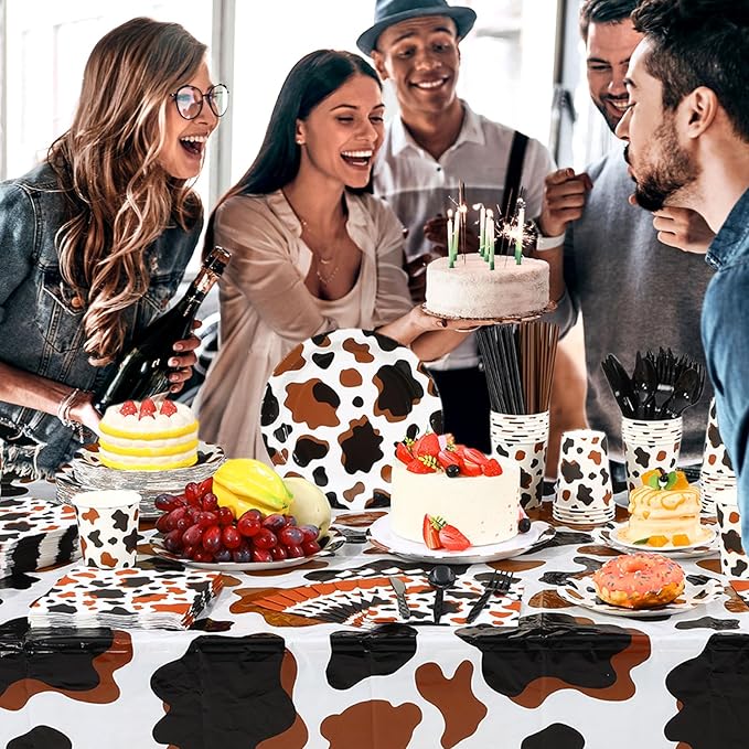 452 Pcs Cow Print Party Decorations Supplies Include Brown Cow Print Paper Plates Napkins Cups Tablecloth Cutlery Straws for Western Rodeo Birthday Baby Shower Animal Farm Party Decorations