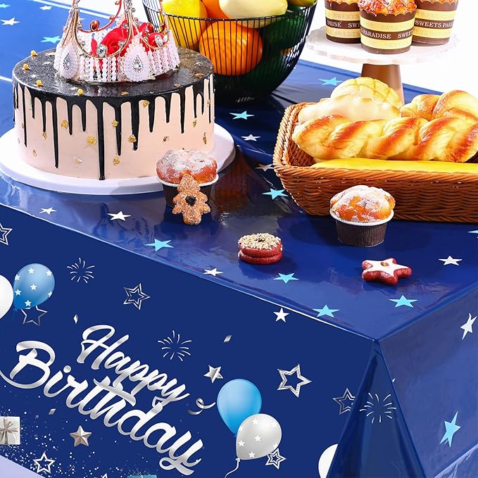 Tegeme Navy Blue Party Supplies Stars Happy Birthday Tablecloths Starry Confetti Table Covers for Kids Boys Girls Baby Shower Birthday Party Decorations(Navy Blue and Silver,3 Pack)