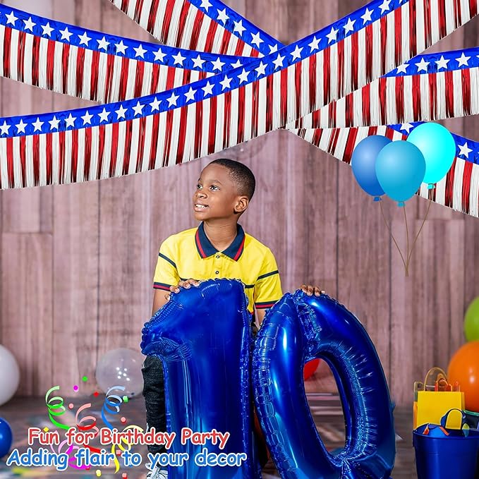 4 Pack 39Ft 4th of July Parade Floats for Trailer Car, Flag Stripes and Stars Foil Fringe Garland Tinsel Streamers Banner Table Skirts for 4th of July Graduation Homecoming Birthday Party (Star)