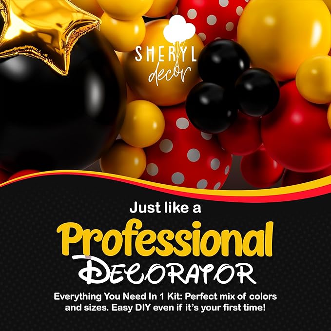 ALL-IN-1 Mickey Balloon Arch Kit with BONUS Mouse Heads & Gold Stars for Mouse Birthday Decorations - Mickey Balloons for Cartoon Mouse Clubhouse Birthday Decorations - Disney Balloons, Mickey Party