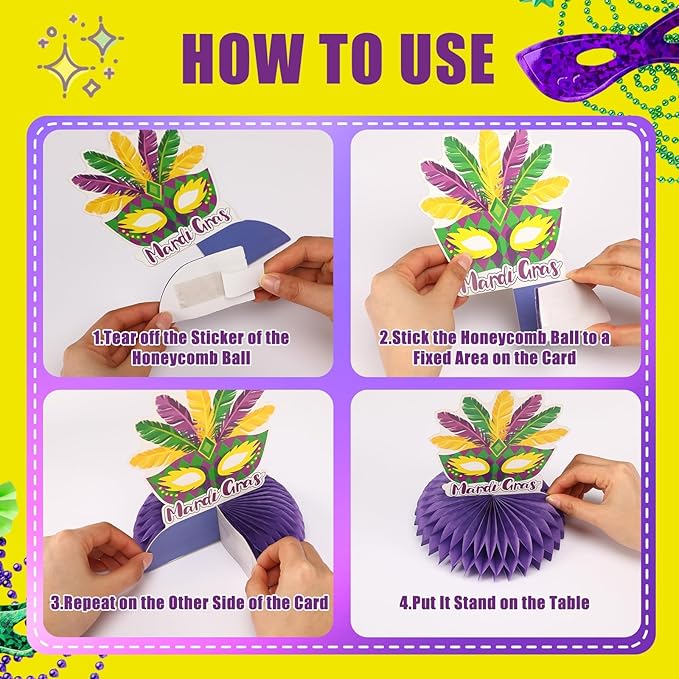 JULMELON Mardi Gras Table Decorations Honeycomb Centerpiece, 8pcs Mardi Gras Centerpieces for Tables Masquerade Masks Crown Signs Decor Mardi Gras Party Decorations for Home