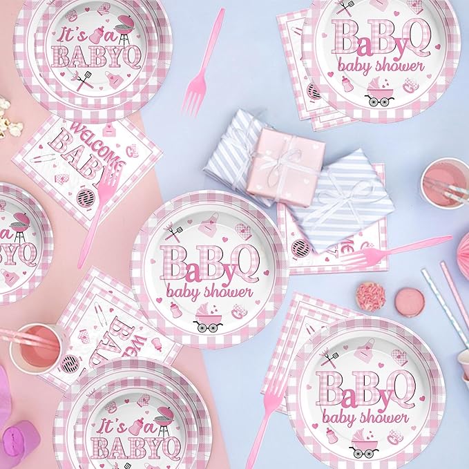 96 Pcs BBQ Baby Shower Decorations It's A BabyQ Paper Plates and Napkins Disposable Pink Gingham Baby Q Party Tableware Set for Girls Barbecue Baby Shower Gender Reveal Picnic Party Supplies Serves 24