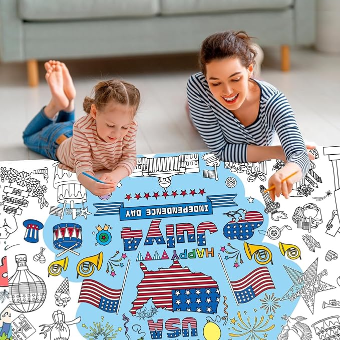 4th of July Giant Coloring Tablecloth,Patriotic Giant Poster 30x72 for Independence Day, Decor American Flag Poster TableCover,Kids Art Crafts Coloring for Classroom School Party Tablecloth
