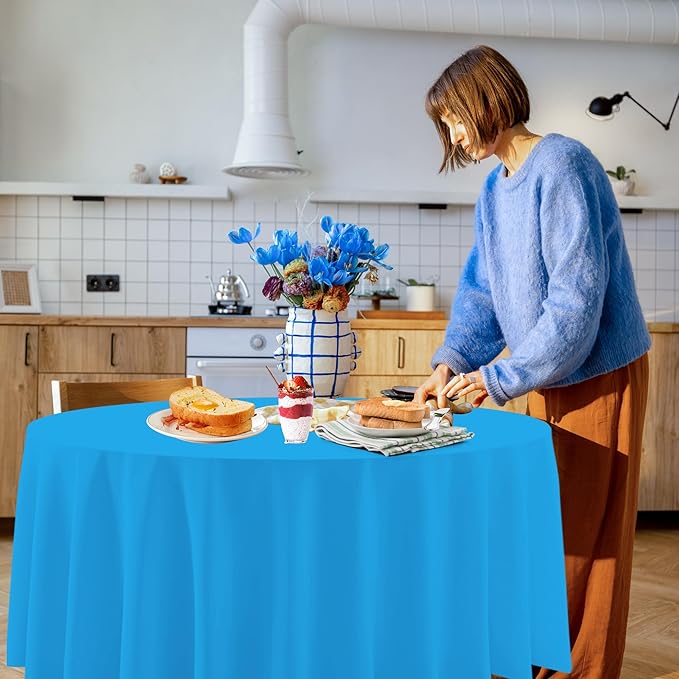 12 Pack Blue Round Disposable Tablecloths, Waterproof Plastic Table Covers for Wedding Birthday Baby Shower Party Decor, 84 Inches