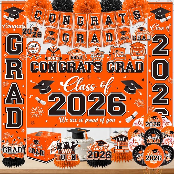 Graduation Decorations 2026 Orange Party Decor Set with Congrats Grad Banner, Class of 2026 Backdrop, Balloons, Box & Streamers Supplies for High School & College Celebrations