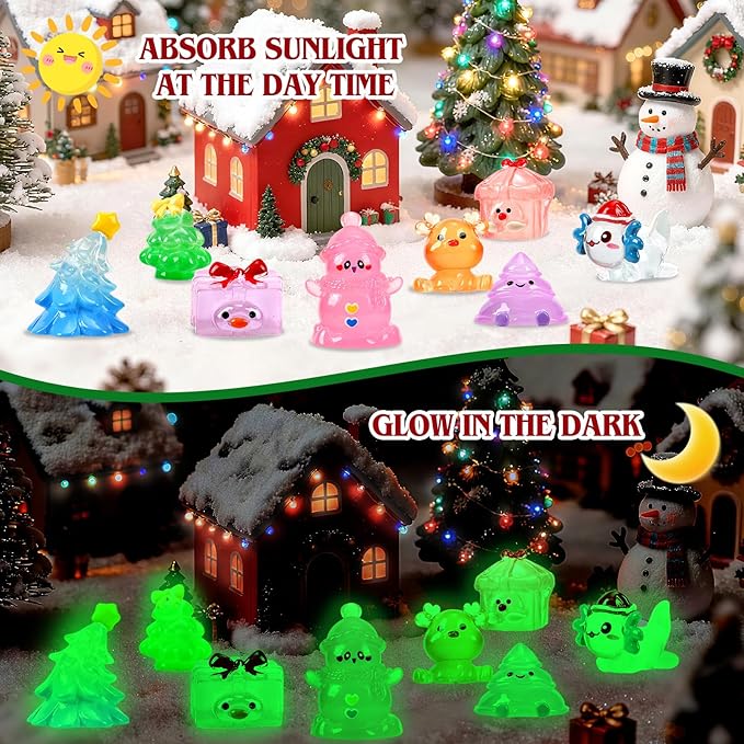 56Pcs Christmas Luminous Mini Figurines 56 Styles Glow in the Dark Tiny Resin Miniatures to Hide Bulk Santa Snowman Bell Snowflake Figurines for Xmas Bag Fillers Party Favors Garden Dollhouse Decor