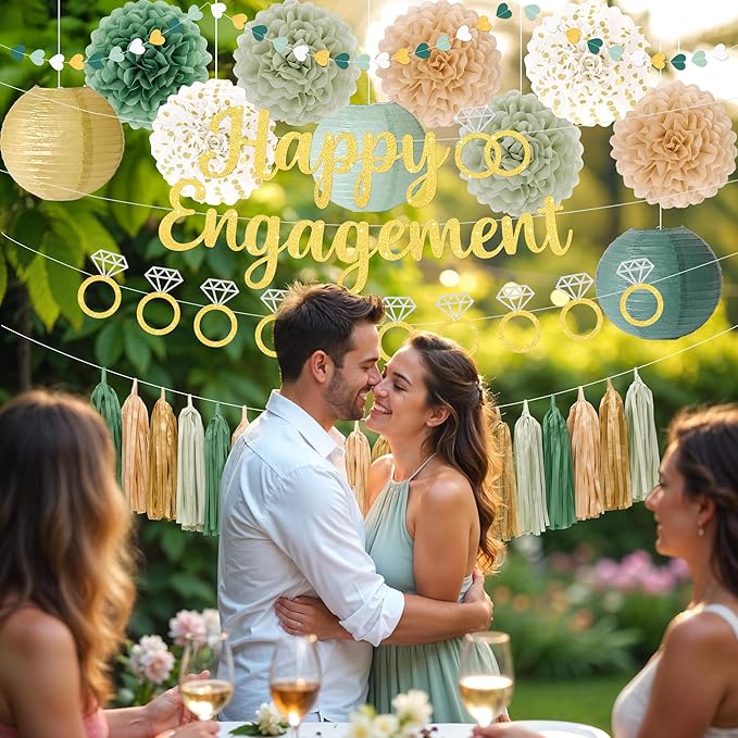 Engagement Party Decorations Sage Green Engaged Decorations with Gold Happy Engagement Banner, Includes Paper Pom Poms Paper Lanterns, Tassels for Couple Bridal Shower Decor