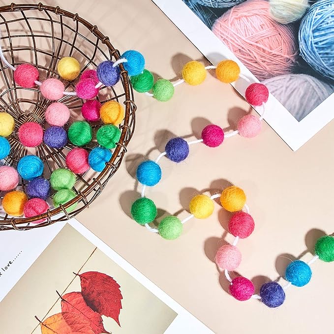 Boao 2 Pieces Wool Felt Ball Garland Colorful Pom Pom Garland Handmade 6.5 Feet Long 24 Balls Felt Banner for Wall Christmas Tree Decoration (Rainbow)