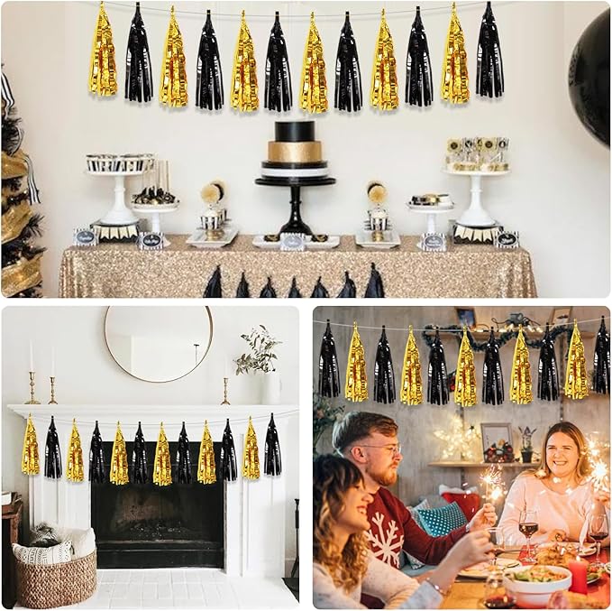 BEISHIDA 3 Packs Black Gold Metallic Foil Fringe Tassel Garland, Tassels Banner Streamers for New Year Graduation Birthday Wedding Engagement Bridal/Baby Shower Christmas Holiday Party Decoration