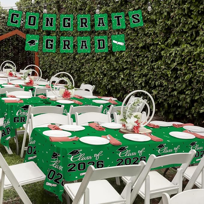 Gatherfun 2026 Graduation Decorations : 2-Pack Congrats Grad Disposable Tablecovers - Class of 2026 Green Themed Table Cloths, for Graduation Party Supplies & Graduation Backdrop, 54" X 108"
