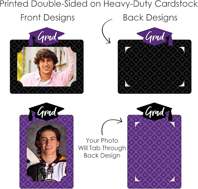 Purple Grad Graduation Photo Display Centerpiece Kit - 15 Double-Sided Photo Table Topper Sticks, Vertical and Horizontal 4x6 Picture Holders, DIY Party Decoration Set