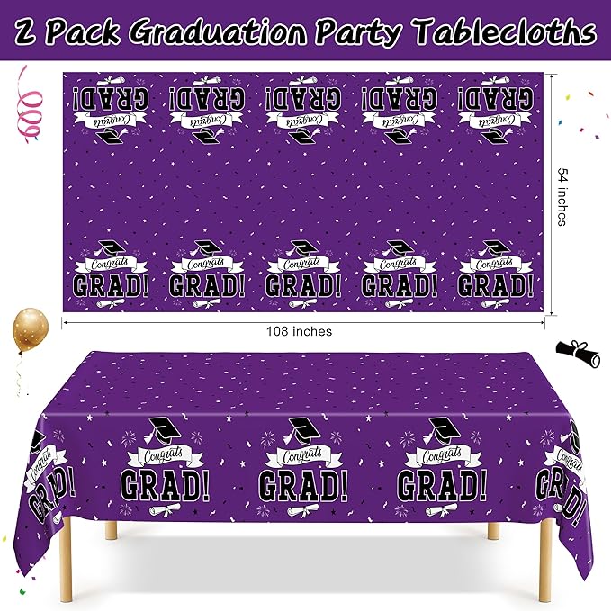 QZYL 2 Pcs Graduation Tablecloth, 108" X 54" Plastic Graduation Decorations 2026, Rectangle Purple Table Cloths for Grad Decor Party Supplies, Disposable Tablecover for Class of 2026 Congrats Grad