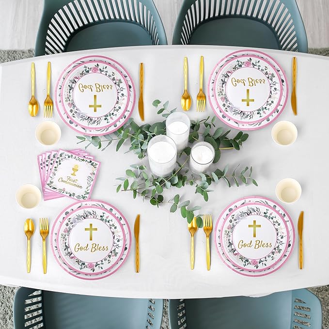 Kochorie 400 Pieces Pink First Communion Decorations, Disposable First Holy Communion Party Tableware Set with Plates Cups Napkins Cutlery Serves 50 for Baby Shower God Bless Baptism Party Supplies