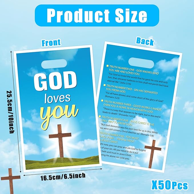 God Loves You Party Favor Bags - 50Pcs Christian Cross Bible Verse Goody Candy Treat Bags for Baptism Party Decorations for Christian Religious Church Sunday School First Communion Events
