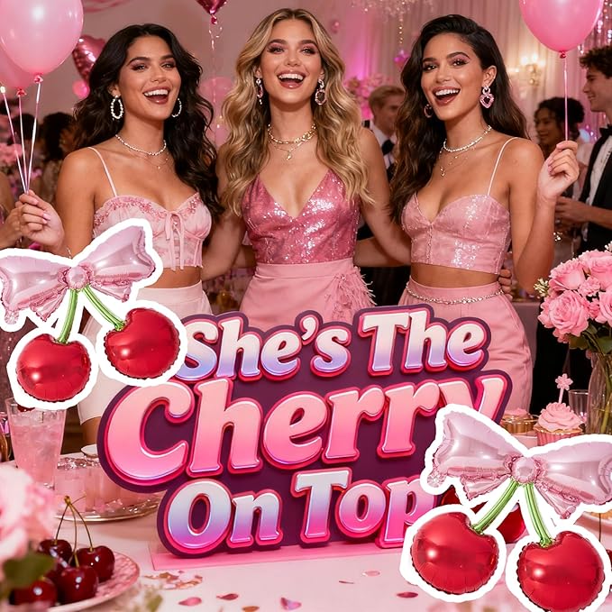 4Pcs Pink Bow Red Cherry Balloons for She's The Cherry On Top Party Foil Balloons Berry First Birthday Decorations Fruit Theme Baby Shower Bridal Wedding Party Supplies