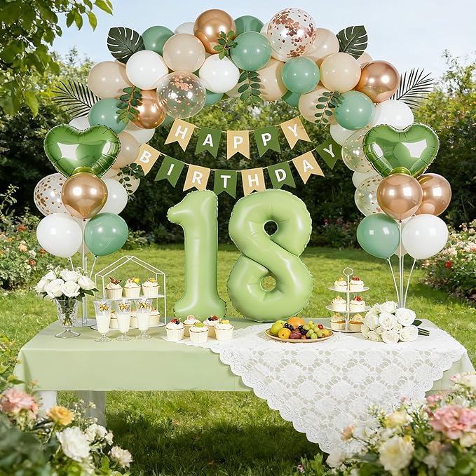 Sage Green 18th Birthday Decorations, Adulting Party Supplies for Girls, Sand White & Cream Balloon Kit with Green Number 18 Balloon and Fringe Curtains