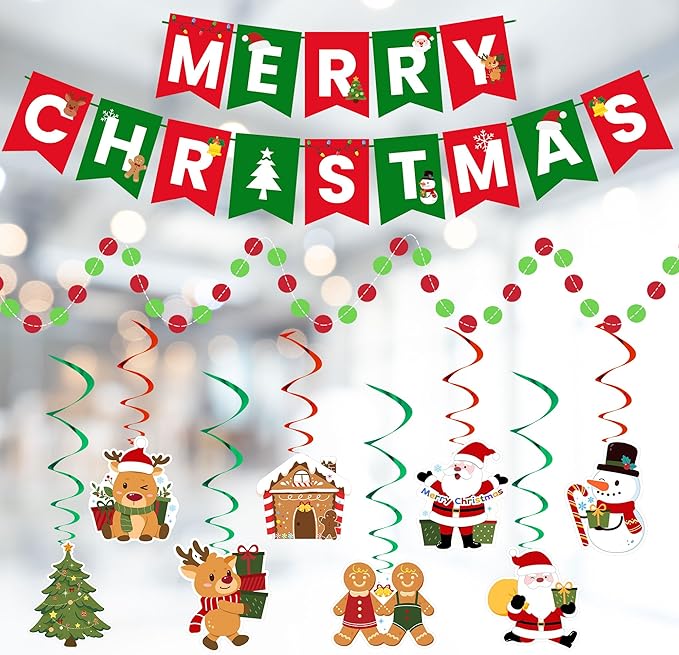 Christmas Party Supplies Decorations Set, Merry Christmas Banner, Foil Balloons, Hanging Swirls, Red and Green Metallic Fringe Curtains, Circle Dots Garland