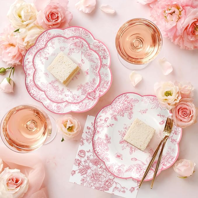 96pcs Pink Party Plates - Pink Flower Paper Plates, Cups and Napkins Spring Graden Dessert Plates for 24 Guests Party Table Supplies for Tea Party Baby Shower Brial Shower Birthday Wedding