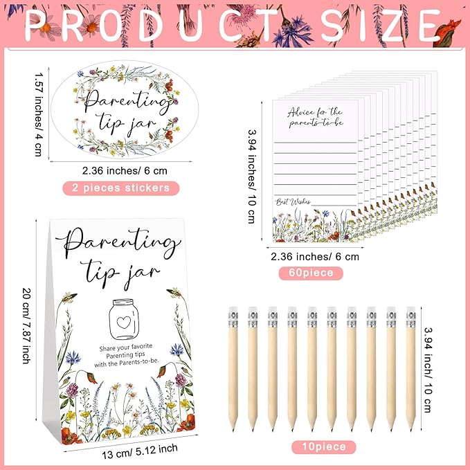 Roowest Baby Shower to Baby Advice Cards for New Parents to Be - Tip Jar Sign for New Parents 60 Parenting Advice Cards 10 HB Pencils 2 Cute Stickers 1 Pet Bottle for Guests Games(Wild Flower)
