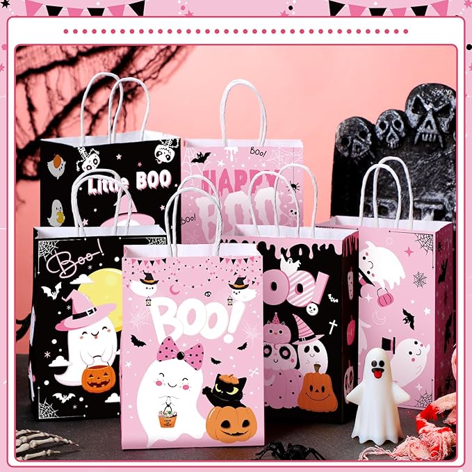 24 Pcs Halloween Party Favors Bags with Handle Trick or Treat Gift Bags Boo Gift Ghost Black and Pink Pumpkin Candy Halloween Goodies Present for Wrapping Birthday Party