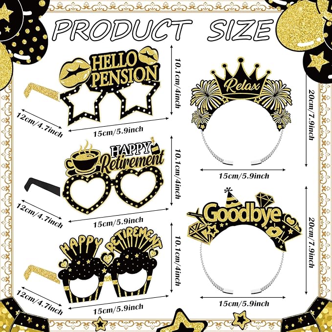 24 Pcs Retirement Party Decorations Paper Glasses and Headband Set for Men Women, Black Gold Happy Retirement Party Supplies, Funny Farewell Retired Photo Props Decor