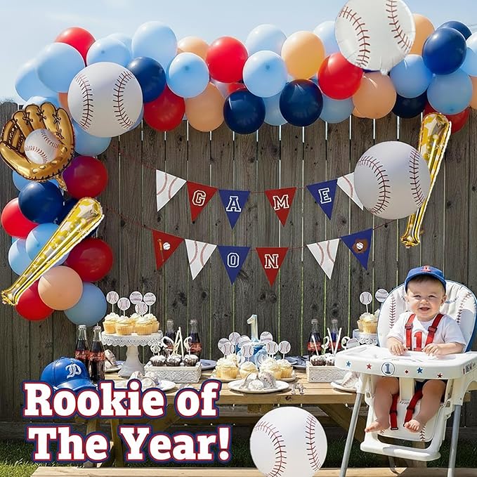 Baseball Balloon garland kit 170pcs Navy Blue Red White and Diy large Starburst Baseball bat glove balloons fot Sport theme Party Rookie Year 1st Birthday decorations