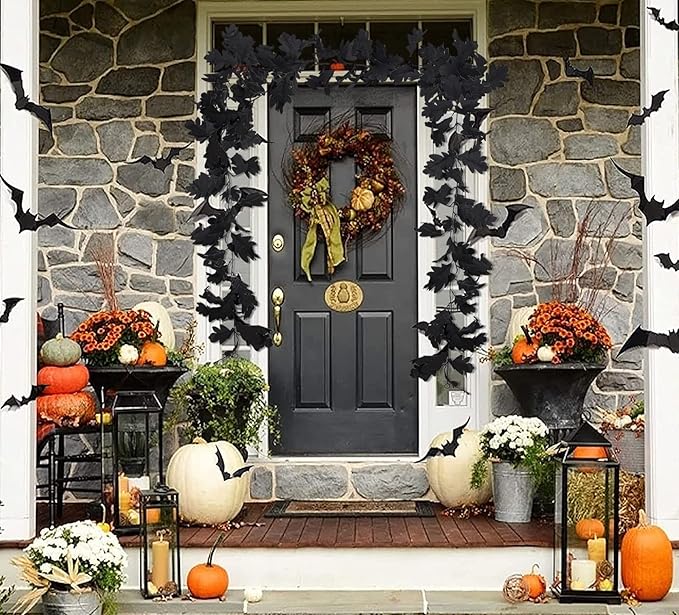 Halloween Garland Decor Indoor Table Decorations Fall Wall Hanging Artificial Black Maple Leaf Vine Decorations for Home (2 Pcs Black Garland, Set)