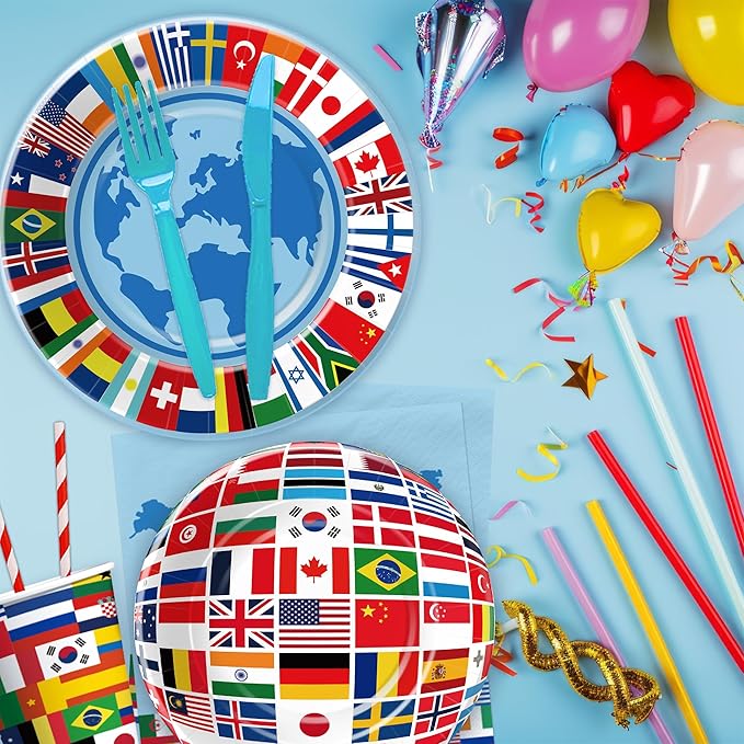 APOWBLS International World Flags Decorations Tableware - Olympic Decorations Party Supplies, Paper Plate, Cup, Napkin, Fork, Travel Trip Around the World Globe Retirement Supplies | Serve 24