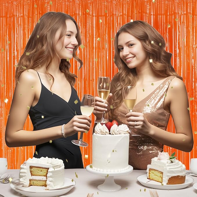 2 Pack Foil Fringe Backdrop - Orange Shiny Tinsel Curtains for Party Decoration/Photo Booth Props - 3.3x6.6 FT Metallic Foil Backdrop for Birthday, Wedding, Graduation, Christmas.