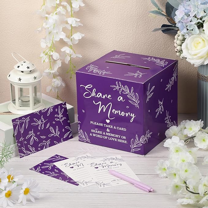 Pajean 50 Pcs Share a Memory Cards for Collections of Life, Memory Cards Box for Guest Ideas Funeral Graduation Wedding Bridal Shower Birthday Anniversary Retirement(Purple)