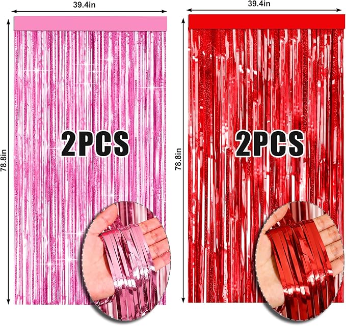 4 Packs Pink and Red Foil Fringe Curtain, Pink Red Metallic Tinsel Backdrop for Birthday, Baby Shower, Princess Bachelorette Party, Valentines Party Decorations Supplies