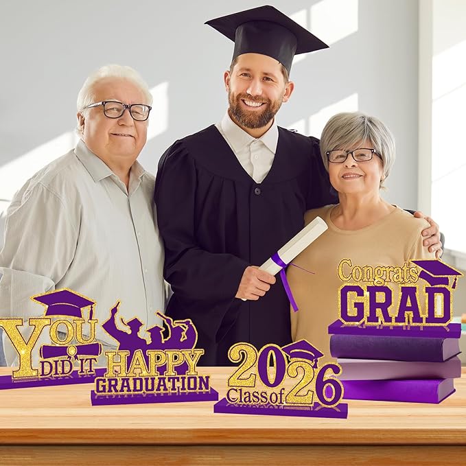 4Pcs Graduation Decorations Class of 2026 Wood Table Centerpieces Congrats Grad Wooden Sign Graduation Table Toppers Congratulate Tiered Tray Decor for 2026 Graduation Party (Purple-Gold)