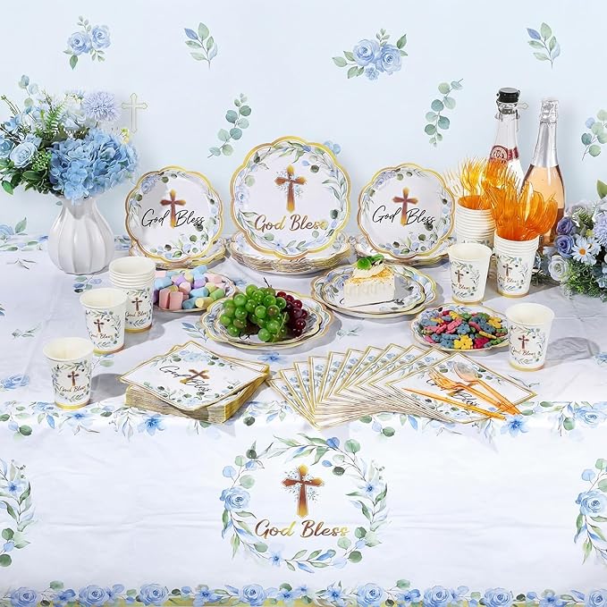 Pickmesh 194 Pcs God Bless Baptism Party Decoration Boy for 24, Blue Floral Baptism Paper Plate Napkin Cup Tablecloth Cutlery First Holy Communion Tableware for Christening Baby Shower Supplies