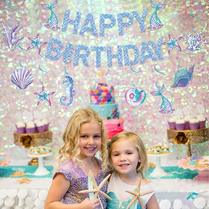 Zwiebeco Mermaid Happy Birthday Party Decoration Banner Bunting Garland Hanging Paper Swirls Kit for Kids Girls Under the Sea Theme Accessories Supplies