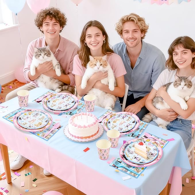 Cats Happy Birthday Party Plates Set, 144PCS Cats Themed Paper Plates Napkins Cups Knives Forks, 24 Set Blue Pink Disposable Tableware Set for Birthday Party Supplies