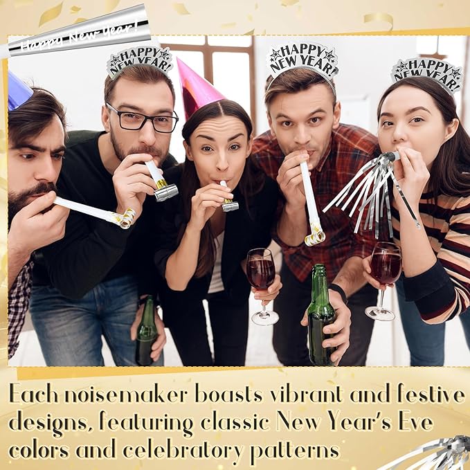 Lenwen 18 Pcs Happy New Years Eve Party Supplies New Year Noise Makers Headband Tiara Party Horn Blowers Whistles Fringed Noisemaker Novelty Favors for Adult Decoration(Silver)